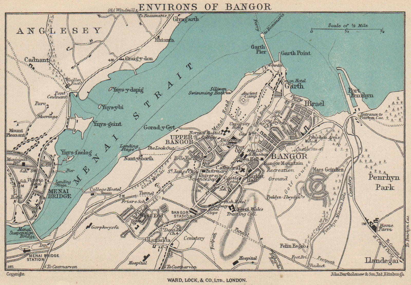 BANGOR vintage town/city plan. Menai Bridge. Wales. WARD LOCK 1950 old map